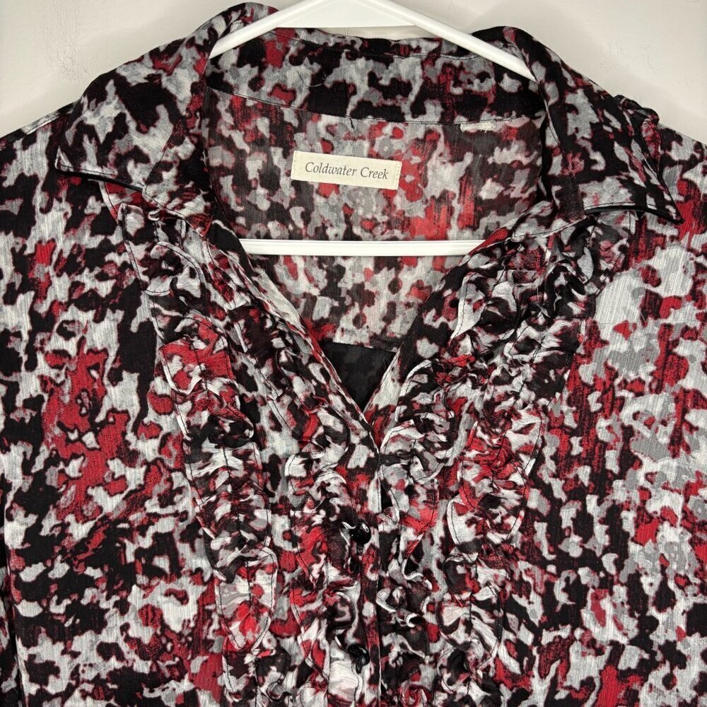 COLDWATER CREEK Blouse Red Black Grey Ruffle Collared Sheer